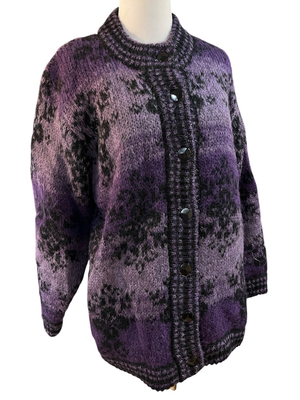 VINTAGE ELEGANCE MODE DAMASK MOHAIR BLEND LINED CARDIGAN SWEATER PURPLE SIZE M